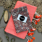 Peach Handloom Khadi Cotton Saree With Orange Mango Print Blouse